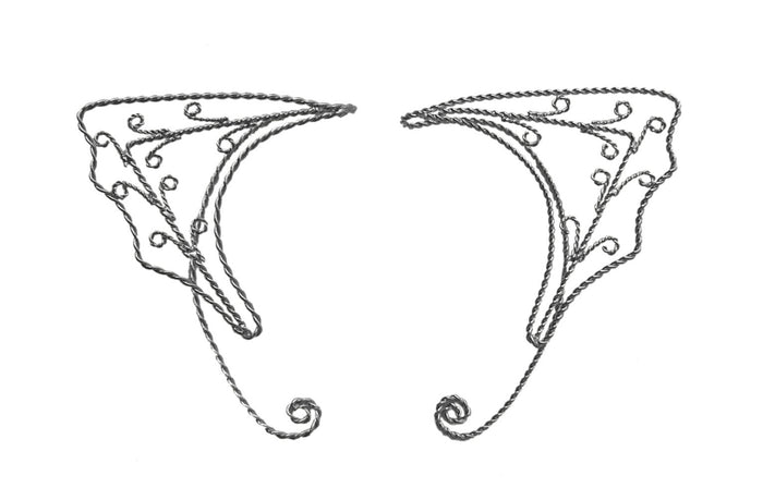 Silver small spiral wire elf ear cuffs non piercing fantasy elven ear wrap jewelry pair front view