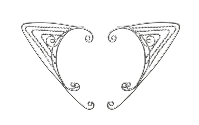 Silver triangle wire elf ear cuffs fantasy non piercing elven ear wrap jewelry pair front view