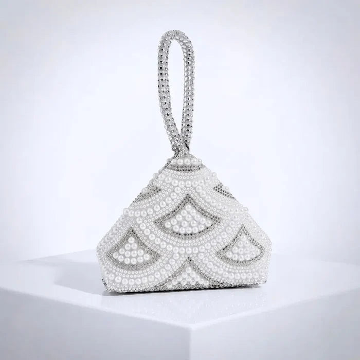 Silver Pearl & Crystal Bridal Handbag - Elegant Geometric Wedding Purse