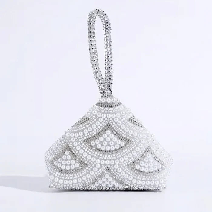 Silver Pearl & Crystal Bridal Handbag - Elegant Geometric Wedding Purse