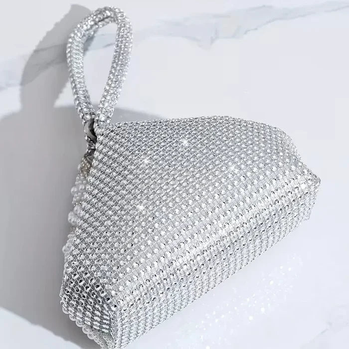 Silver Pearl & Crystal Bridal Handbag - Elegant Geometric Wedding Purse