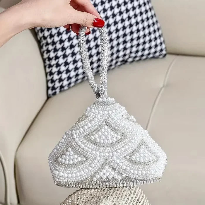 Silver Pearl & Crystal Bridal Handbag - Elegant Geometric Wedding Purse