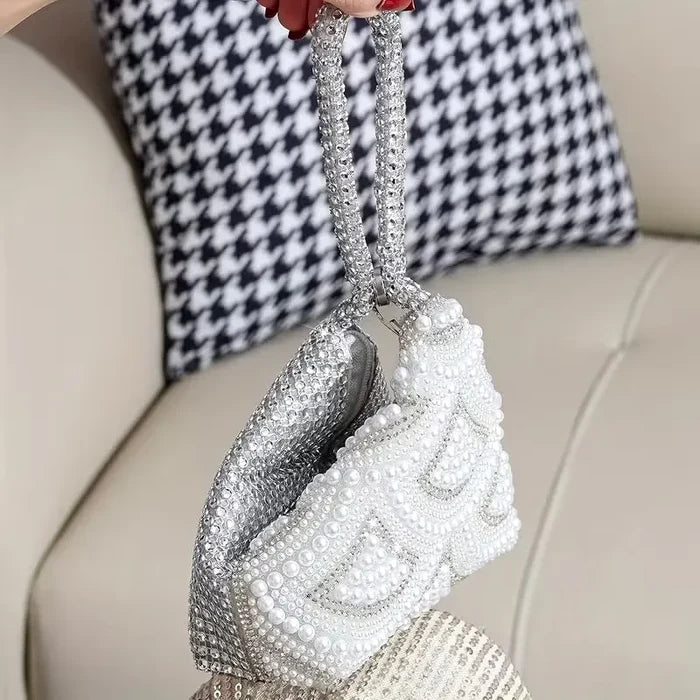 Silver Pearl & Crystal Bridal Handbag - Elegant Geometric Wedding Purse