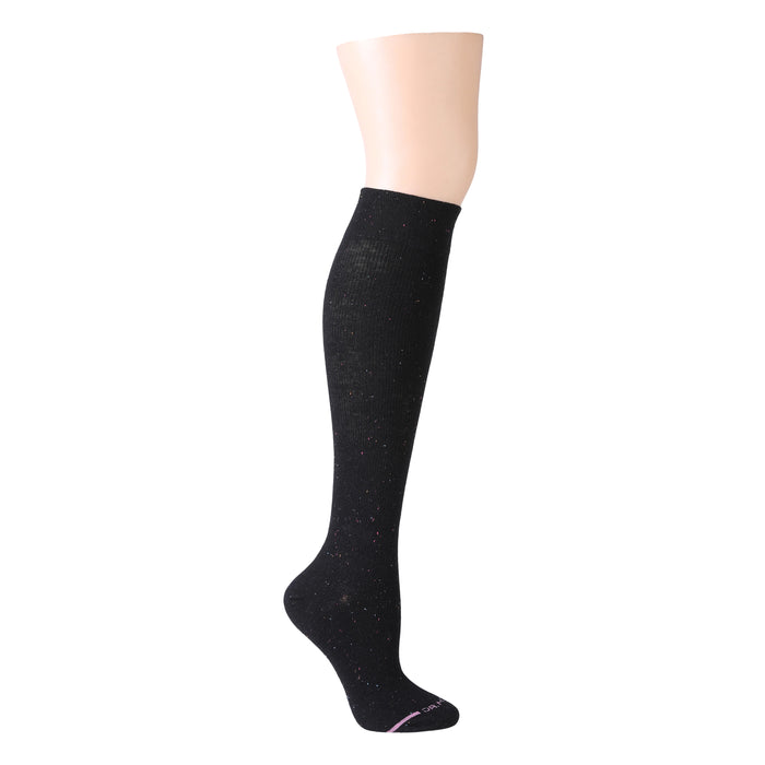 Knee-high black compression socks with a speckled design, displayed on a mannequin leg.