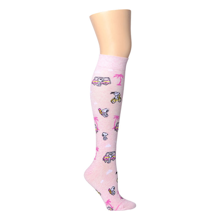 Knee-high pink compression socks featuring Snoopy and beach-themed designs.